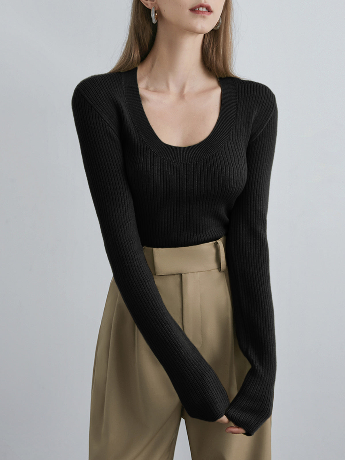 Solid Long Sleeve Rib Sweater