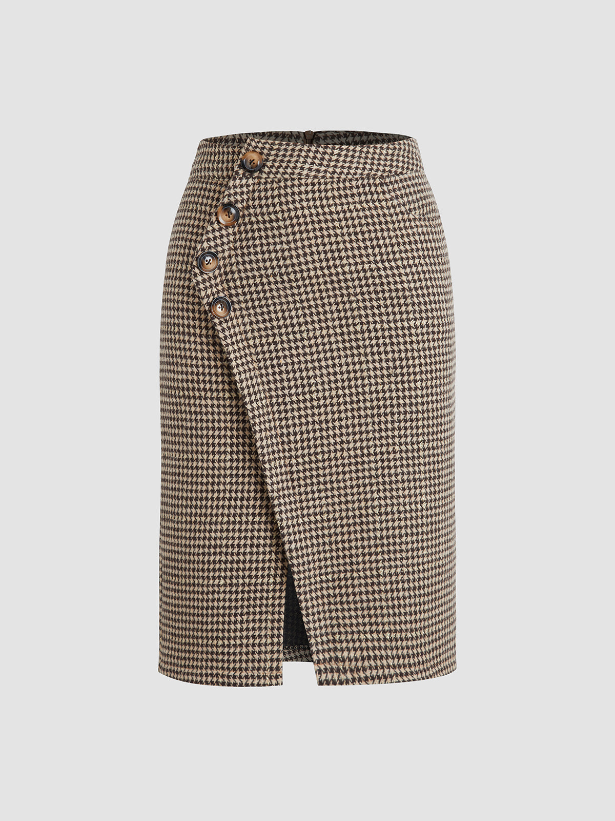 Houndstooth Side Button Zip Slit Midi Skirt