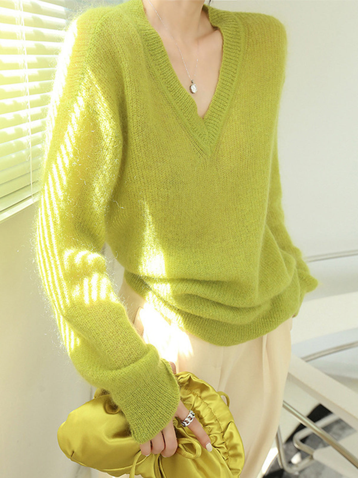 Lime Garden Furry V-Neck Sweater