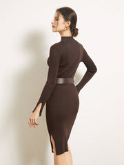 Mistglen Belted Slit Sweater Midi Dress