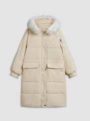 Aurora Hooded Fur Trimmd Pockets Parka Long Coat