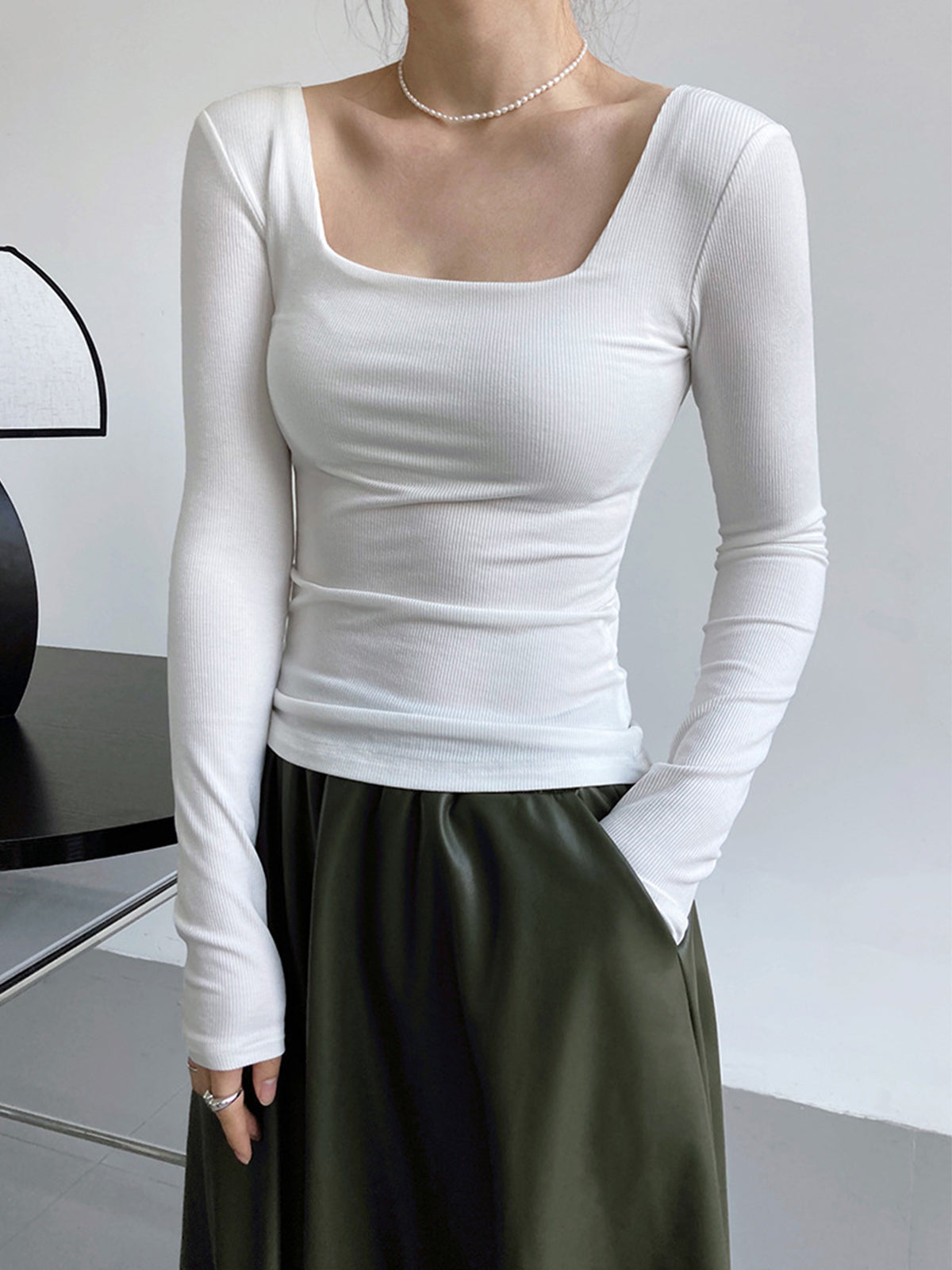 Ribbed Square Neck Long Sleeve Shirt