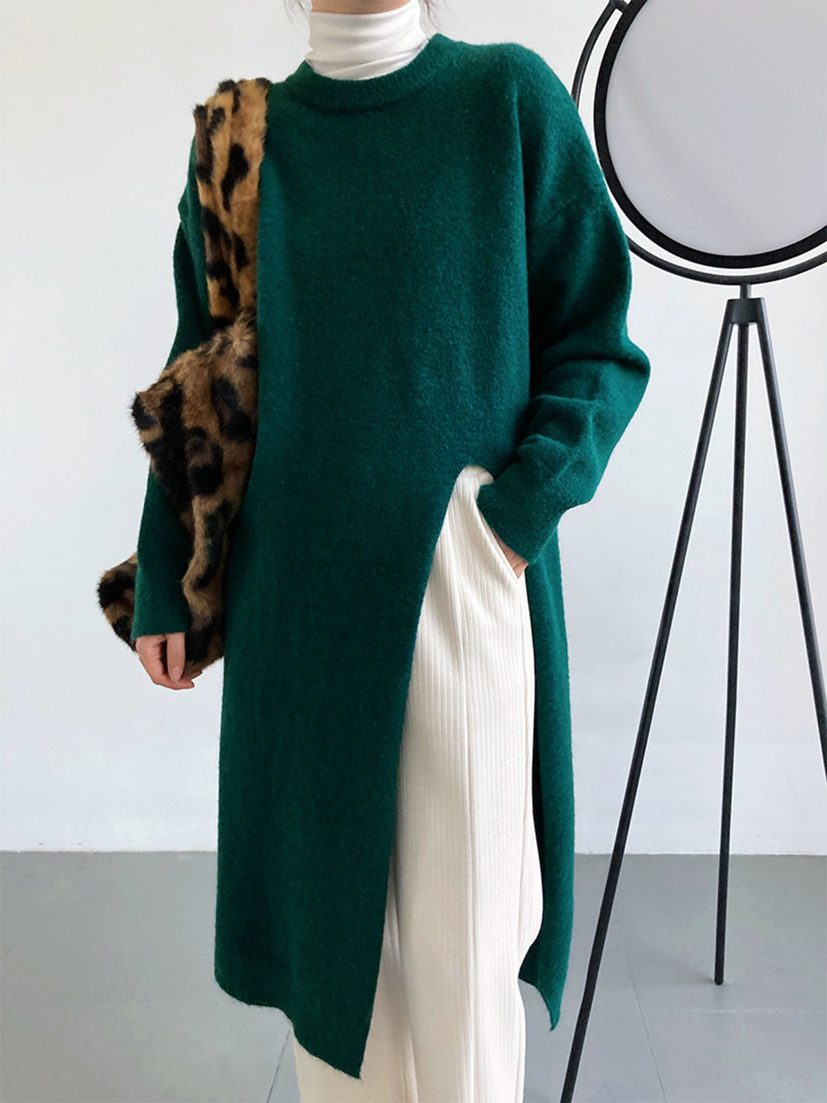 Emerald Green Slit Long Sweater