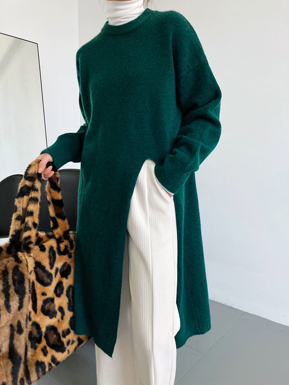 Emerald Green Slit Long Sweater