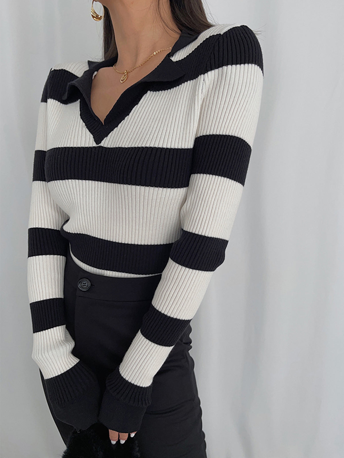 Stripe V-Neck Collared Knit Top