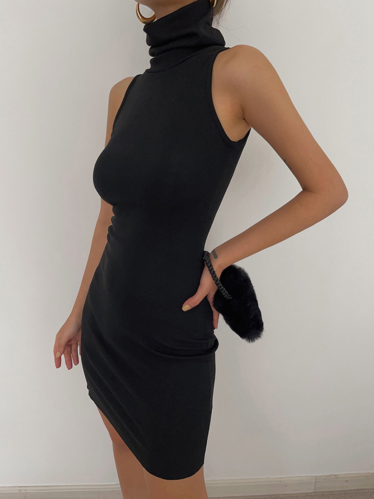 Solid Bodycon Turtleneck Midi Dress