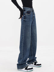 Patchwork Pockets Denim Wide Leg Boyfriend Jeans