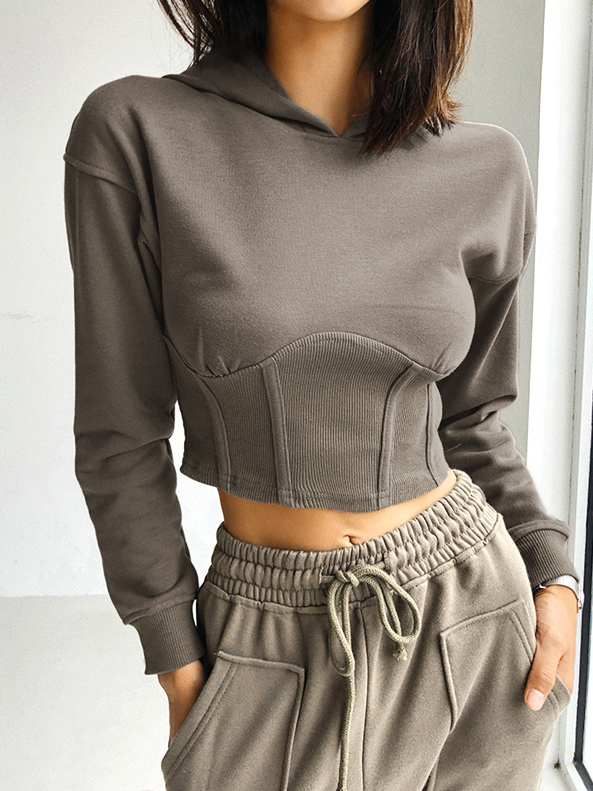 Solid Corset Cropped Hoodie