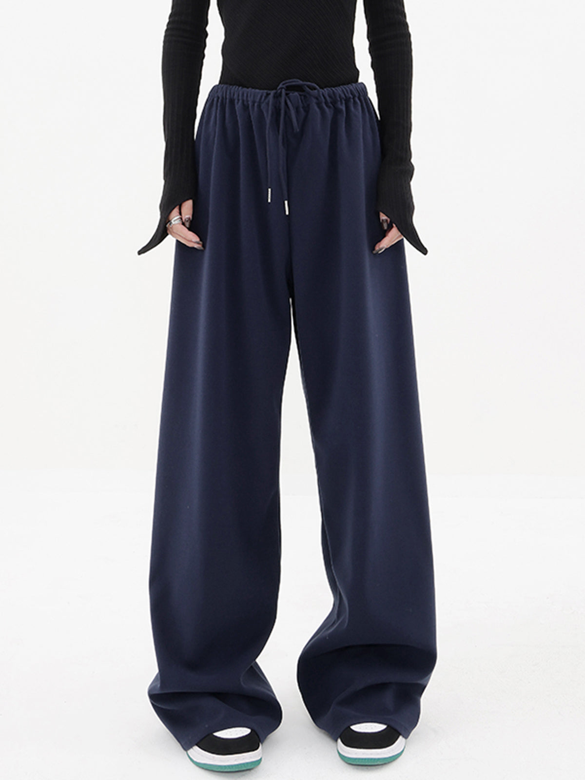 Navy Blue Drawstring Baggy Wide Leg Pants