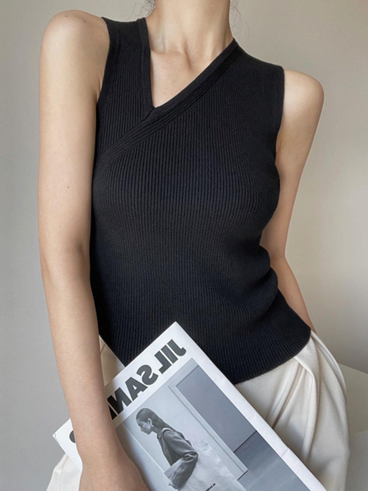 Asymmetrical Neck Knit Tank Top