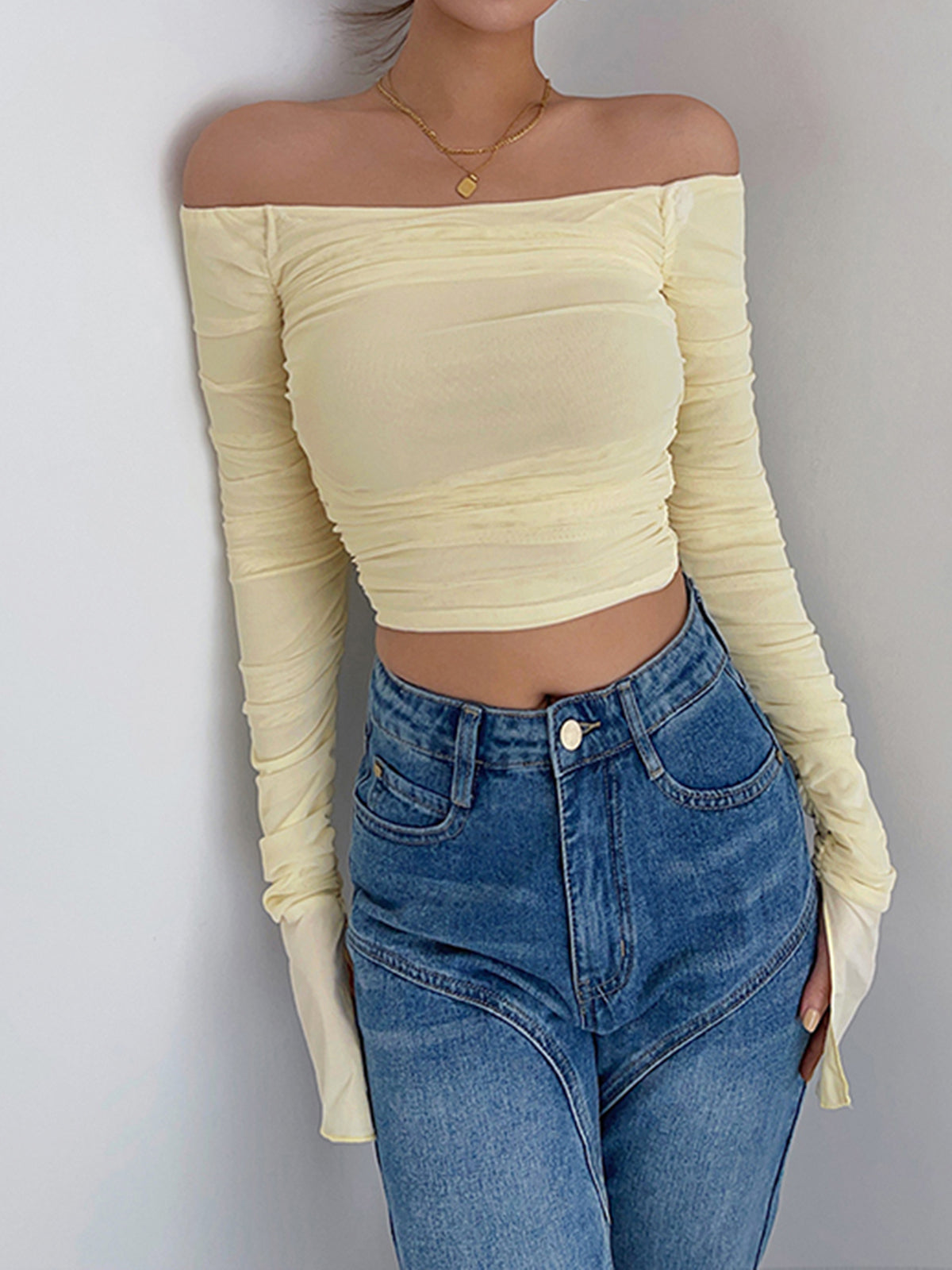 Off Shoulder Mesh Crop Shirt