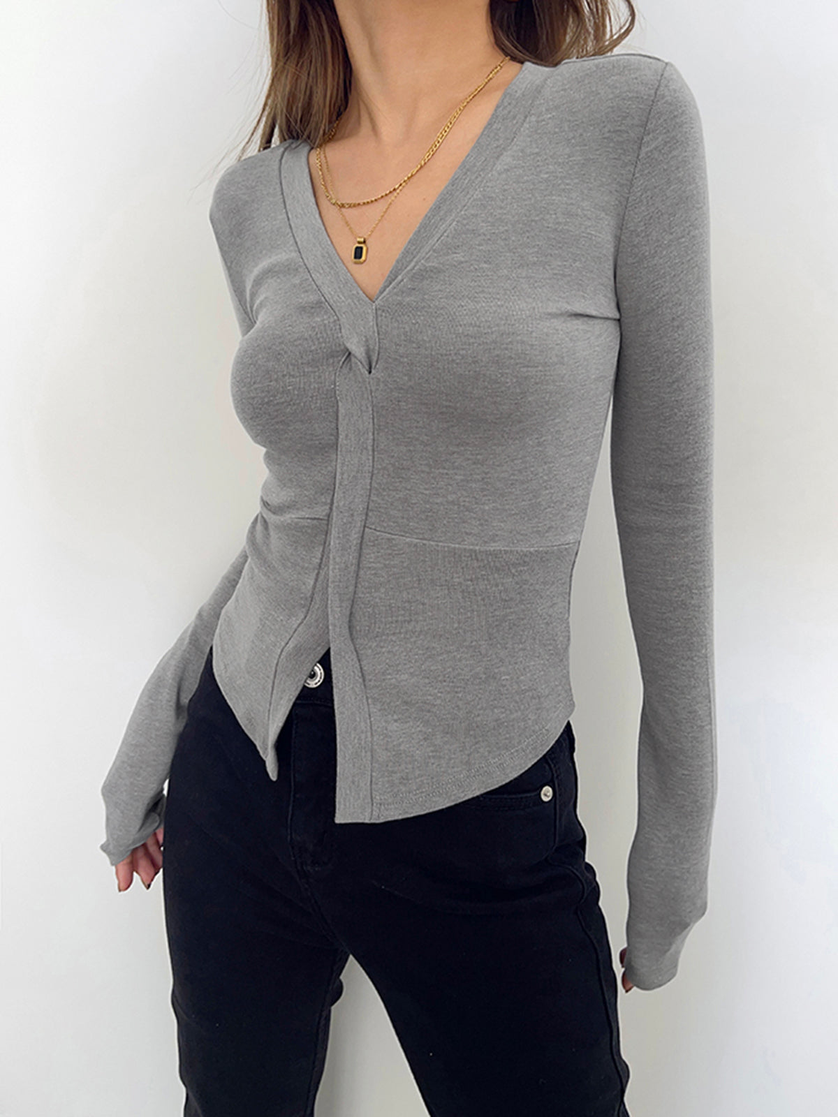 V-Neck Twist Long Sleeve Shirt