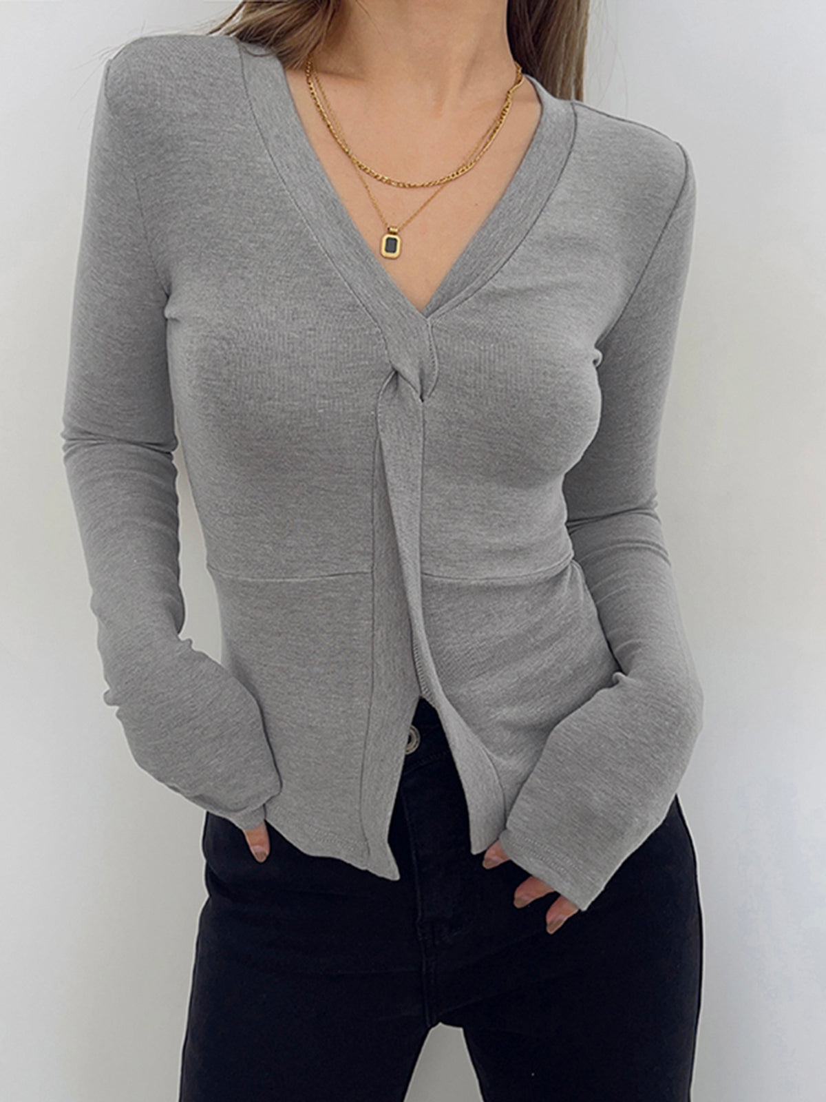 V-Neck Twist Long Sleeve Shirt