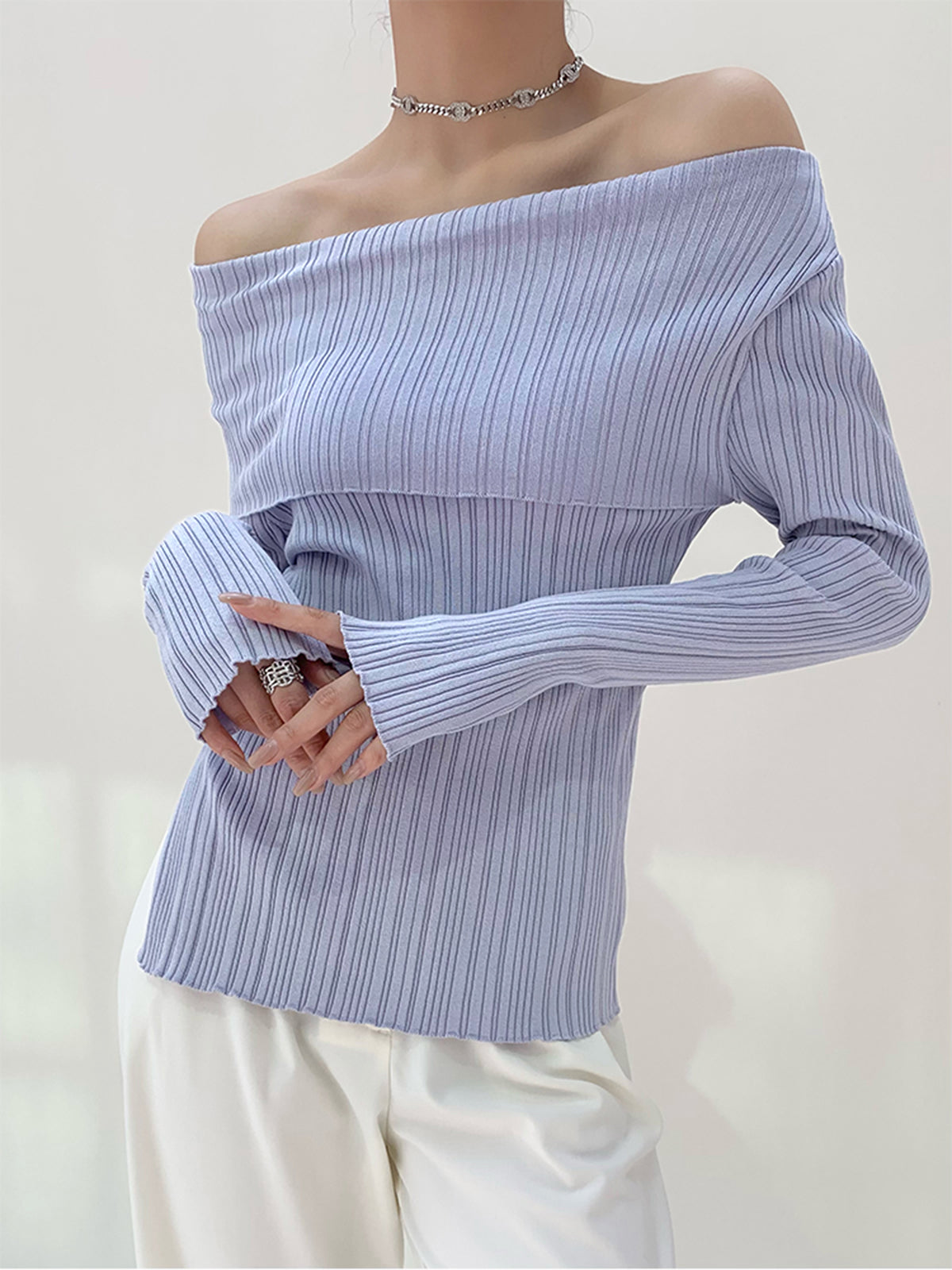 Off Shoulder Textured Long Sleeve Shirt