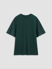 Emerald Green Contrast Lace Flutter Sleeve T-Shirt