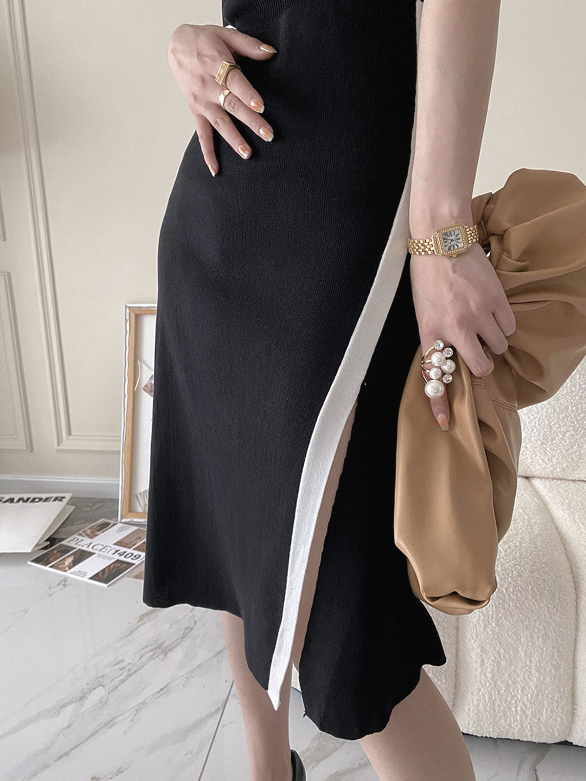 Contrast Trim Slit Knit Midi Dress