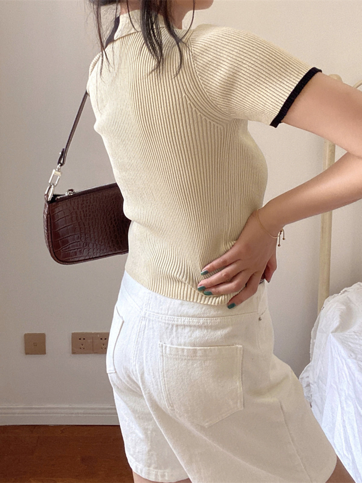 Two Tone Trim Polo Knit Top