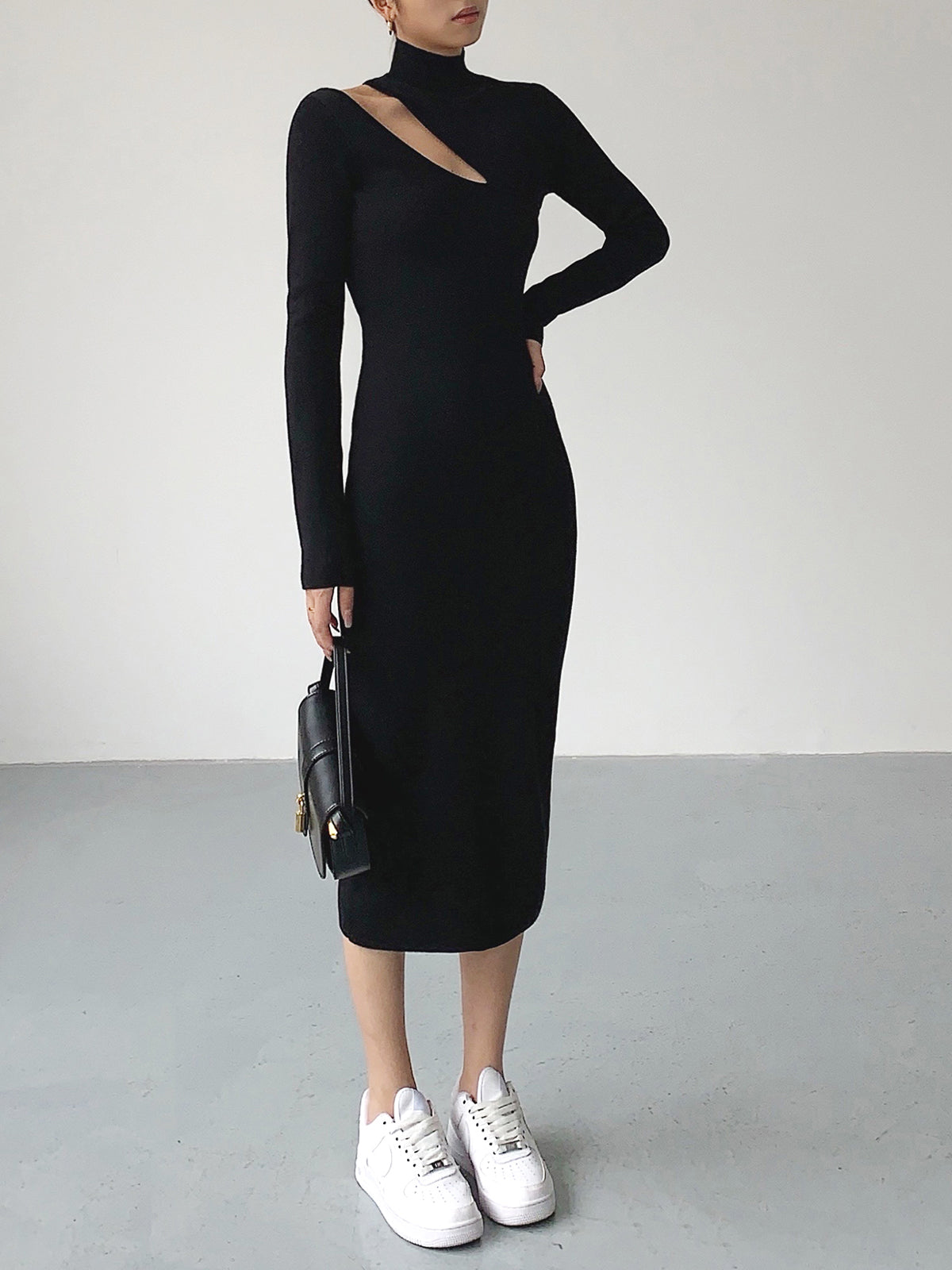 Asymmetrical Cutout Mock Neck Knit Midi Dress