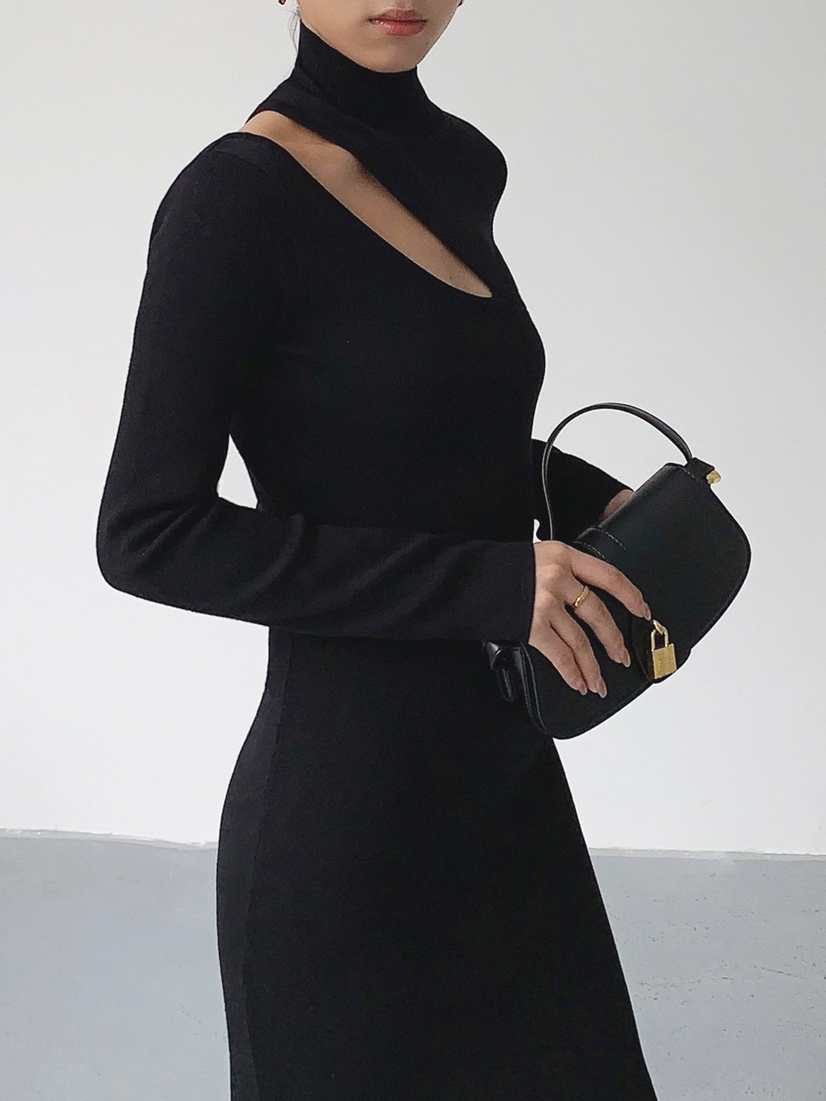 Asymmetrical Cutout Mock Neck Knit Midi Dress