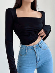 Square Neck Ruched Long Sleeve Crop Shirt