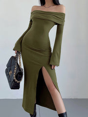 Off-Shoulder Overfold Slit Long Dress