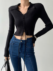 Tie Up Collared Polo Knit Crop Shirt