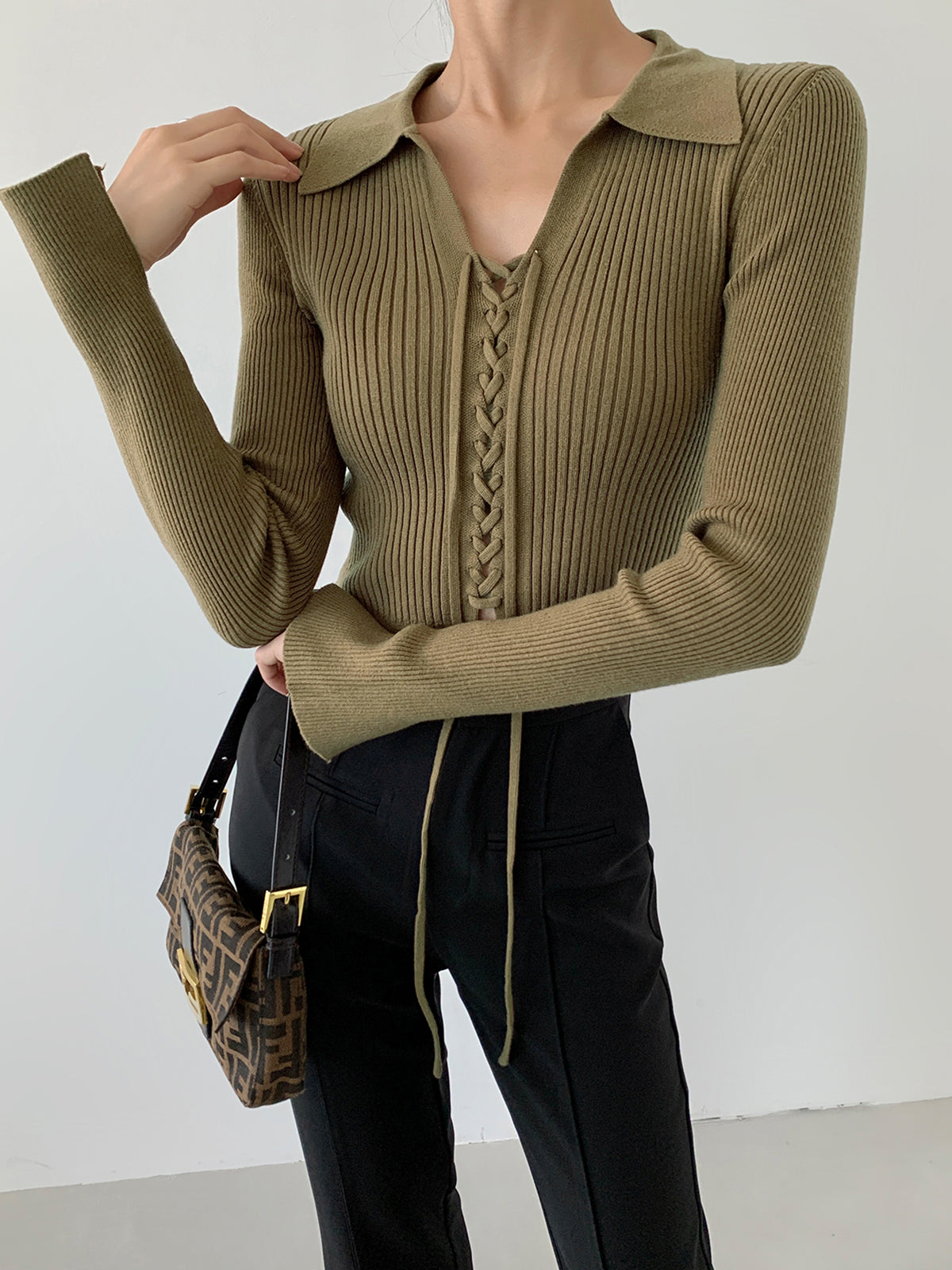 Tie Up Collared Polo Knit Crop Shirt