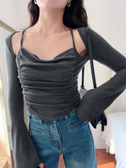 Crop Halter Cross Long Sleeve Shrug Shirt