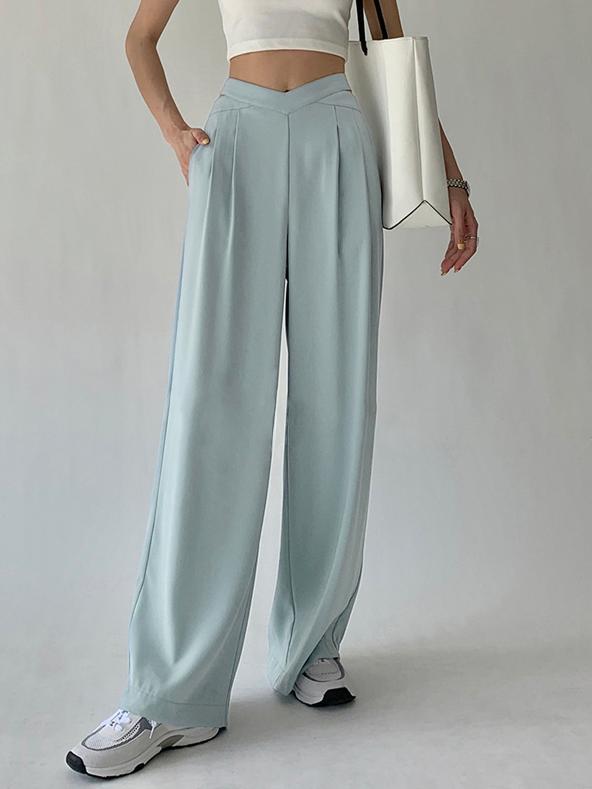 Pleated V Waist Flowy Wide Leg Pants