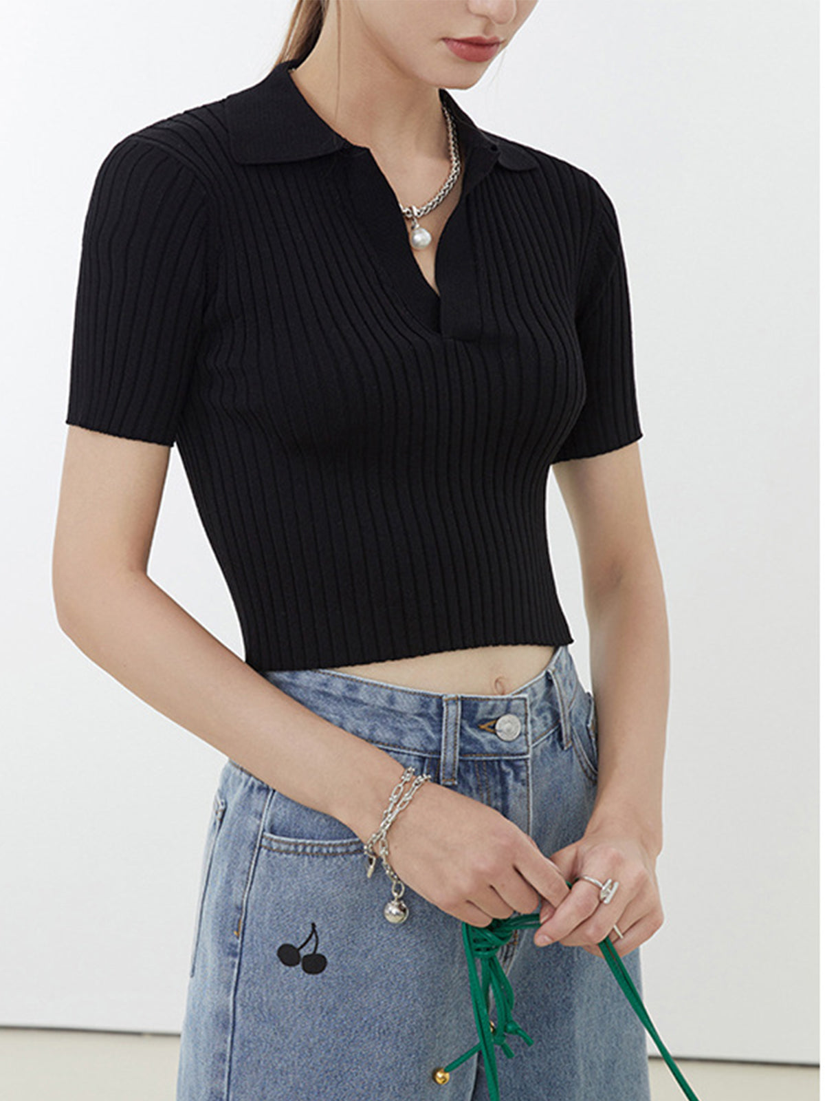 Crop Collared Polo Knit Top