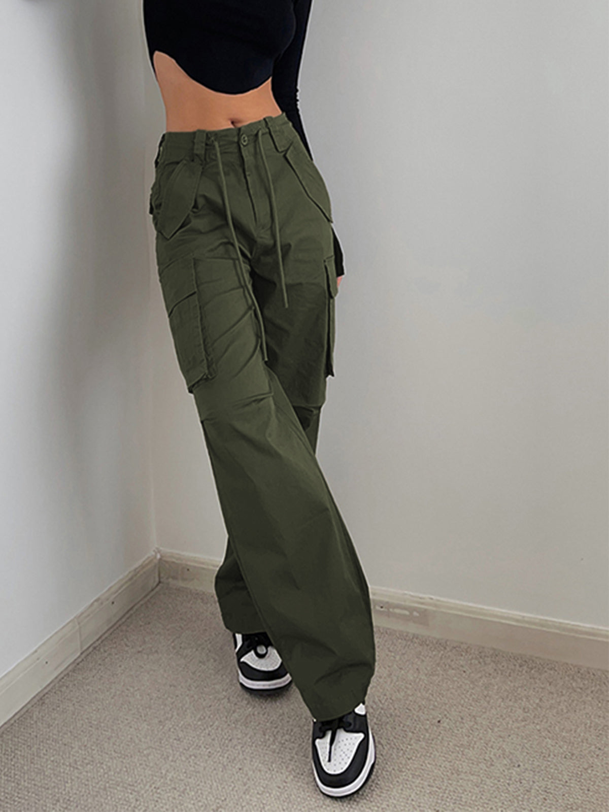 Solid Drawstring Cargo Parachute Straight Leg Pants