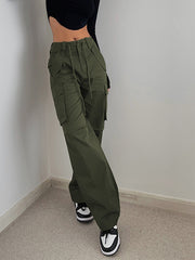 Solid Drawstring Cargo Parachute Straight Leg Pants