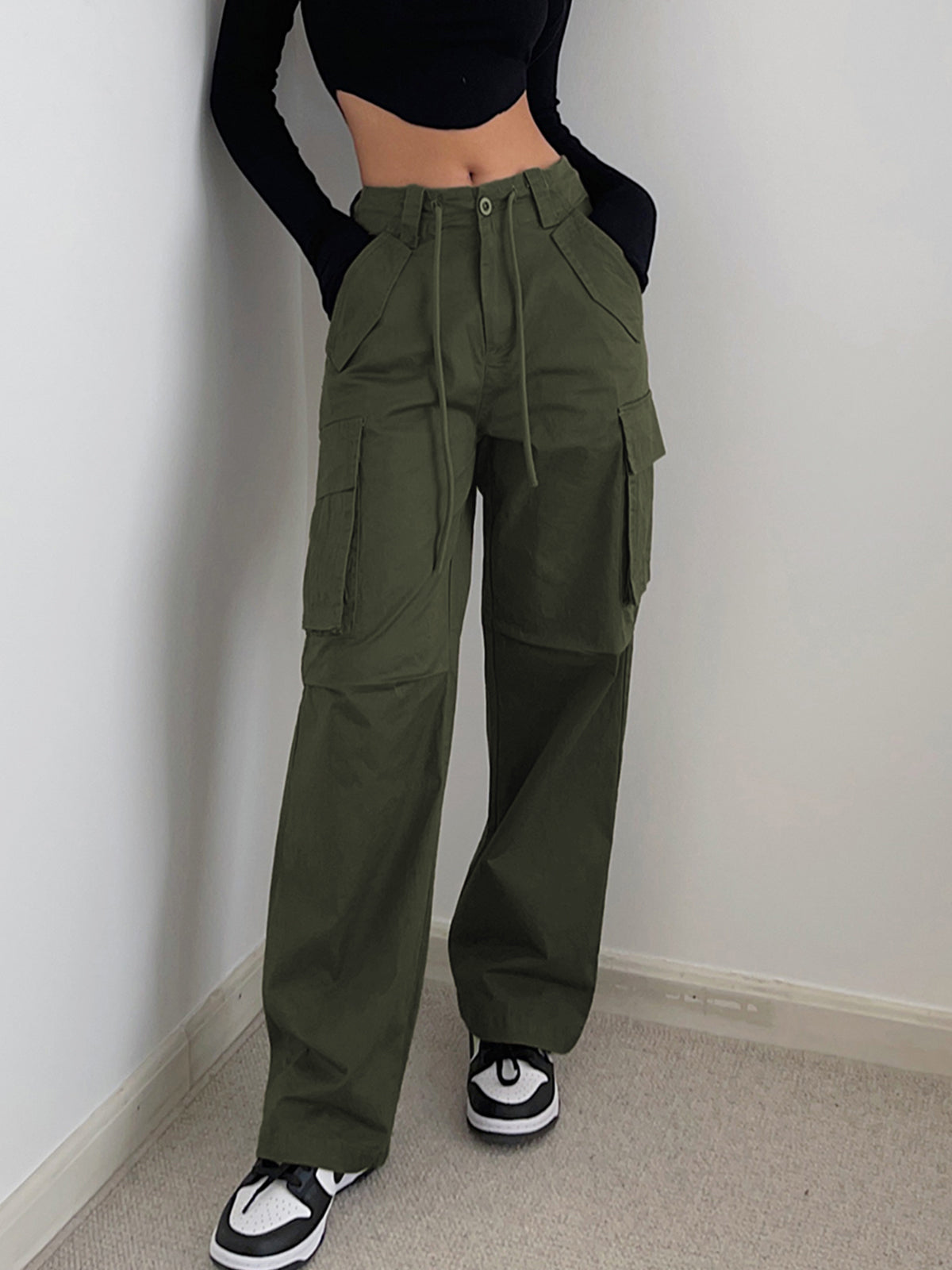 Solid Drawstring Cargo Parachute Straight Leg Pants