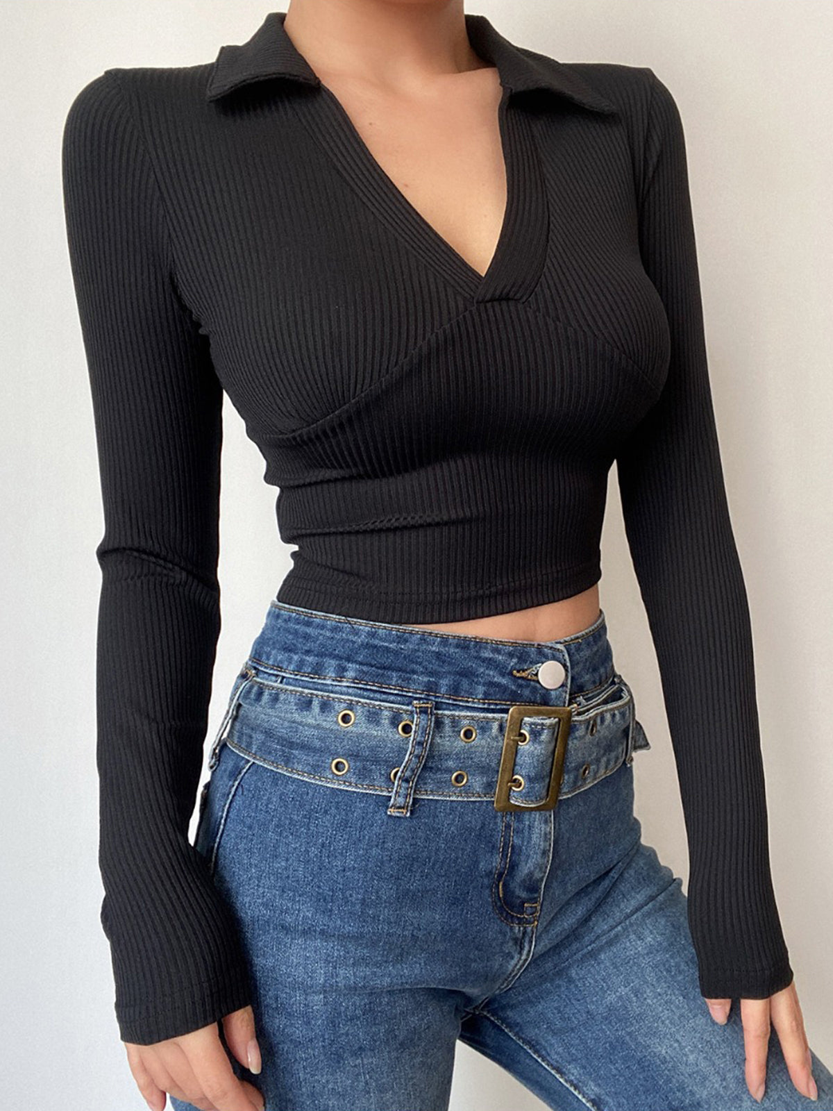 Solid V-Neck Polo Crop Shirt