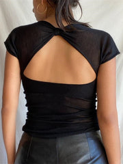 Semi-sheer Mesh Open Back T-shirt