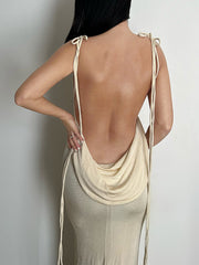 Cowl Neck Open Back Strap Long Dress