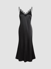 V-Neck Lace Trim Satin FLowy Strap Midi Dress