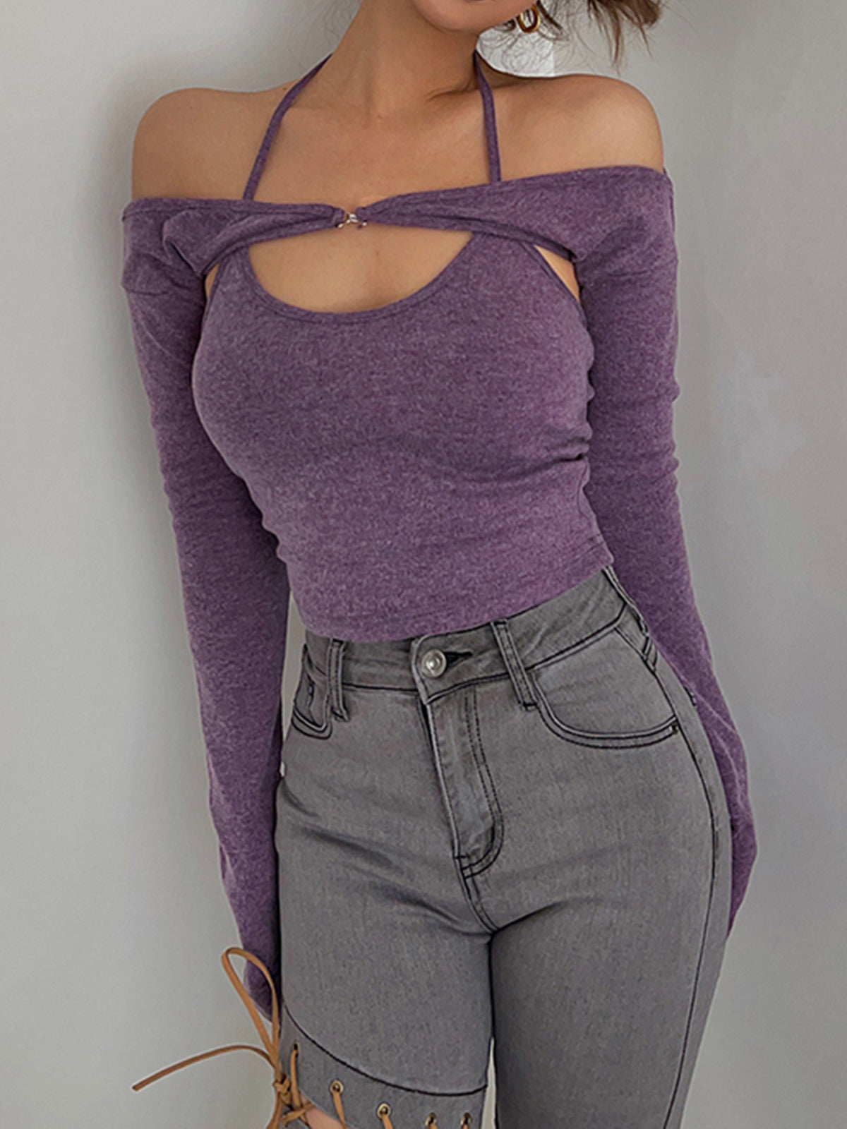 Mauve Shrug Off Shoulder Halter Top