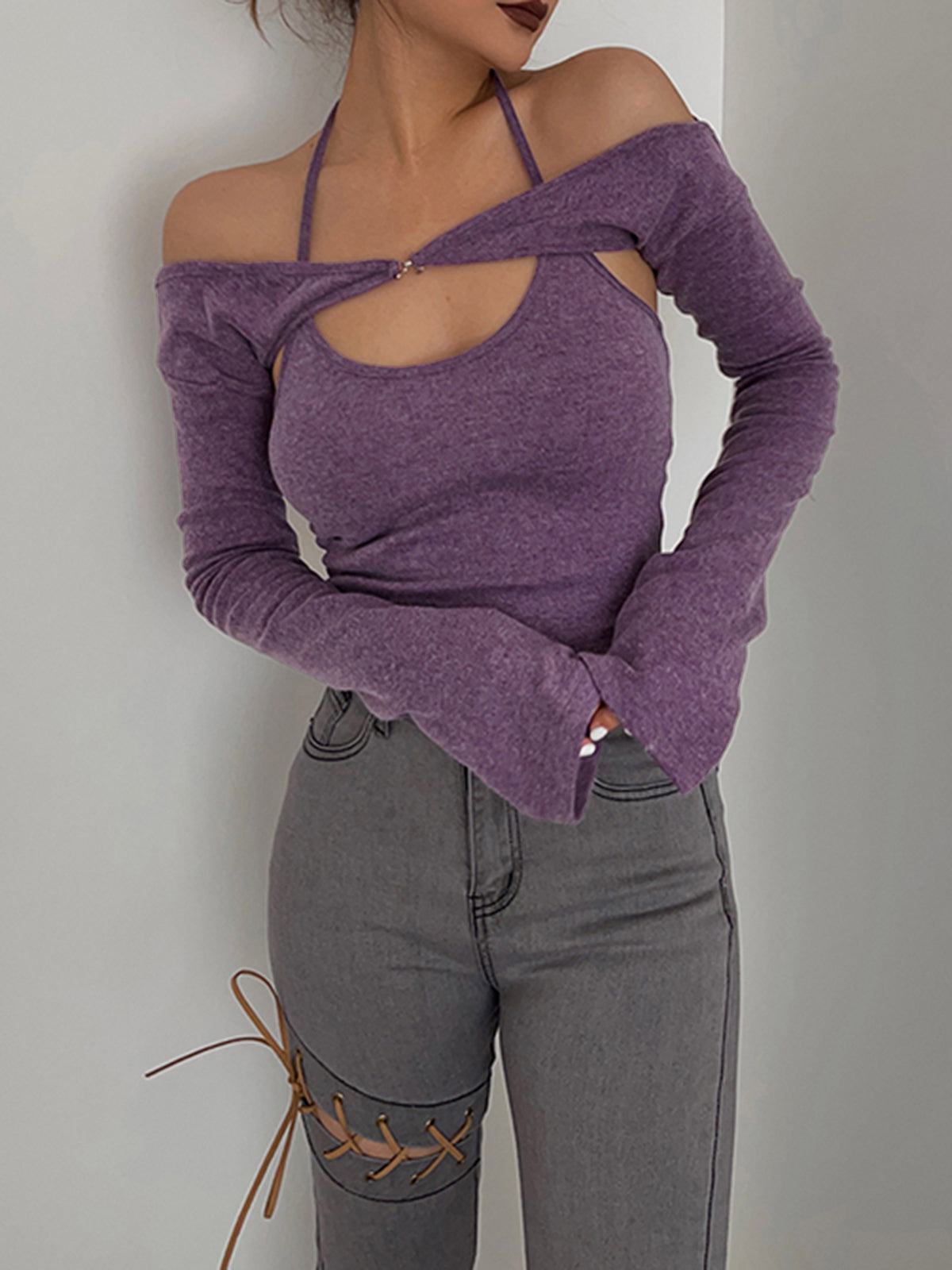 Mauve Shrug Off Shoulder Halter Top