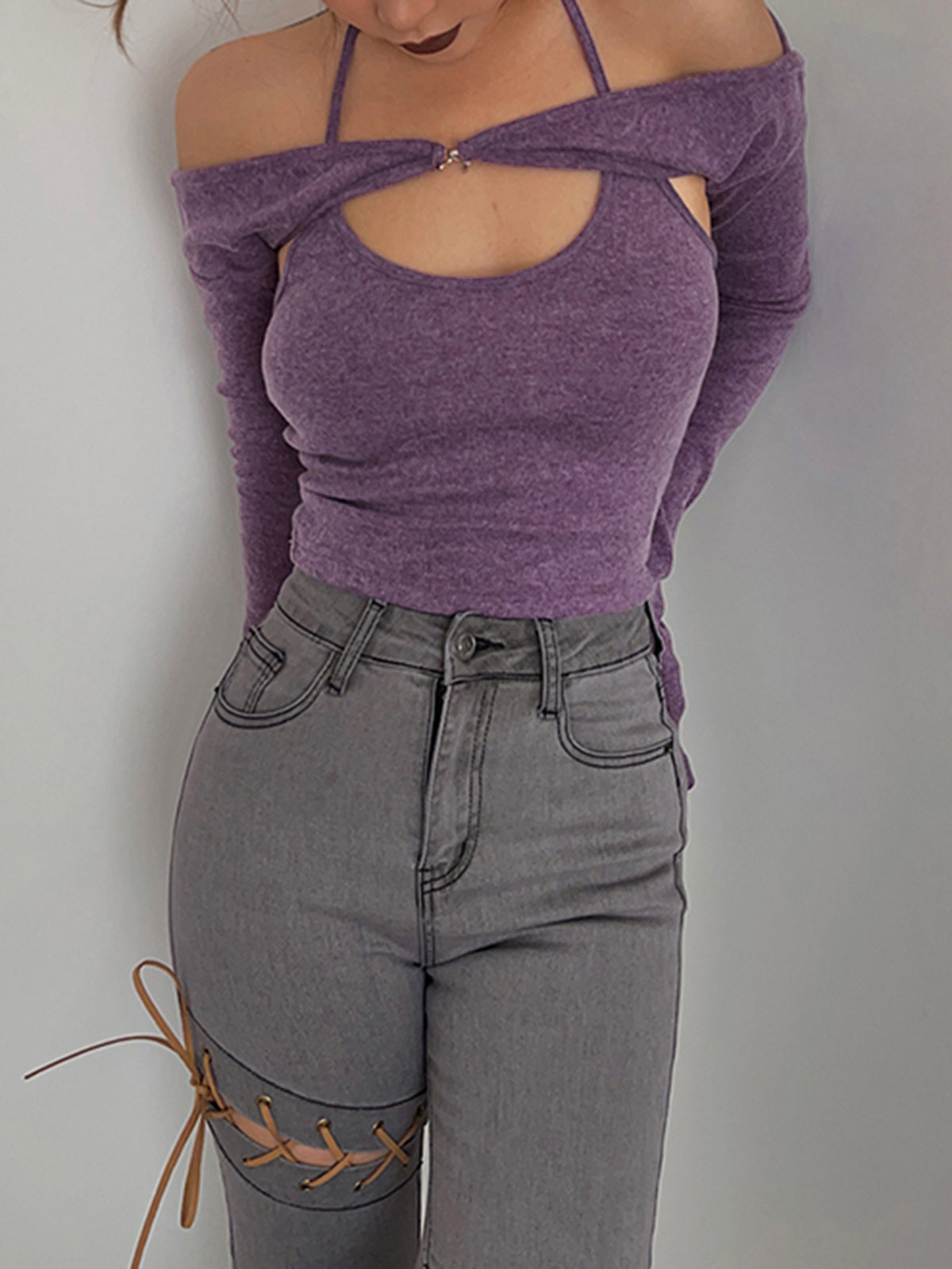 Mauve Shrug Off Shoulder Halter Top