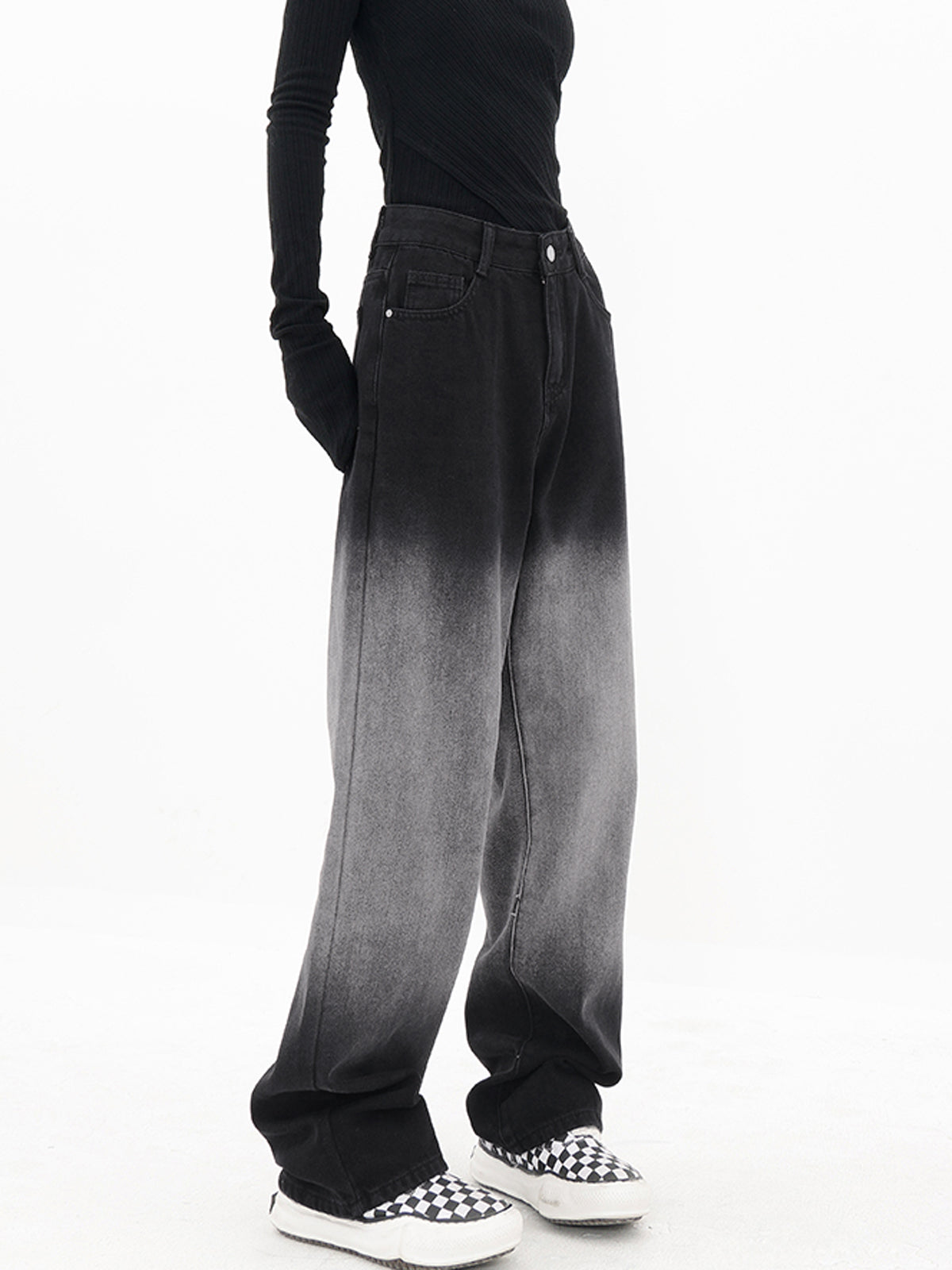 Gradient Black Denim Wide Leg Boyfriend Jeans