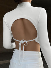 Mock Neck Tie Open Back Crop Shirt