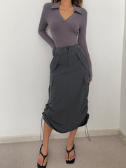 Pockets Drawstring Cargo Long Skirt