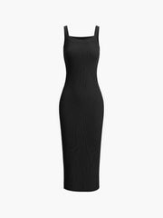 Square Neck Ribbed Strap Midi Dress