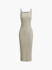 Square Neck Ribbed Strap Midi Dress