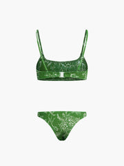 Green Floral Back Clip Two Piece Bikini Set