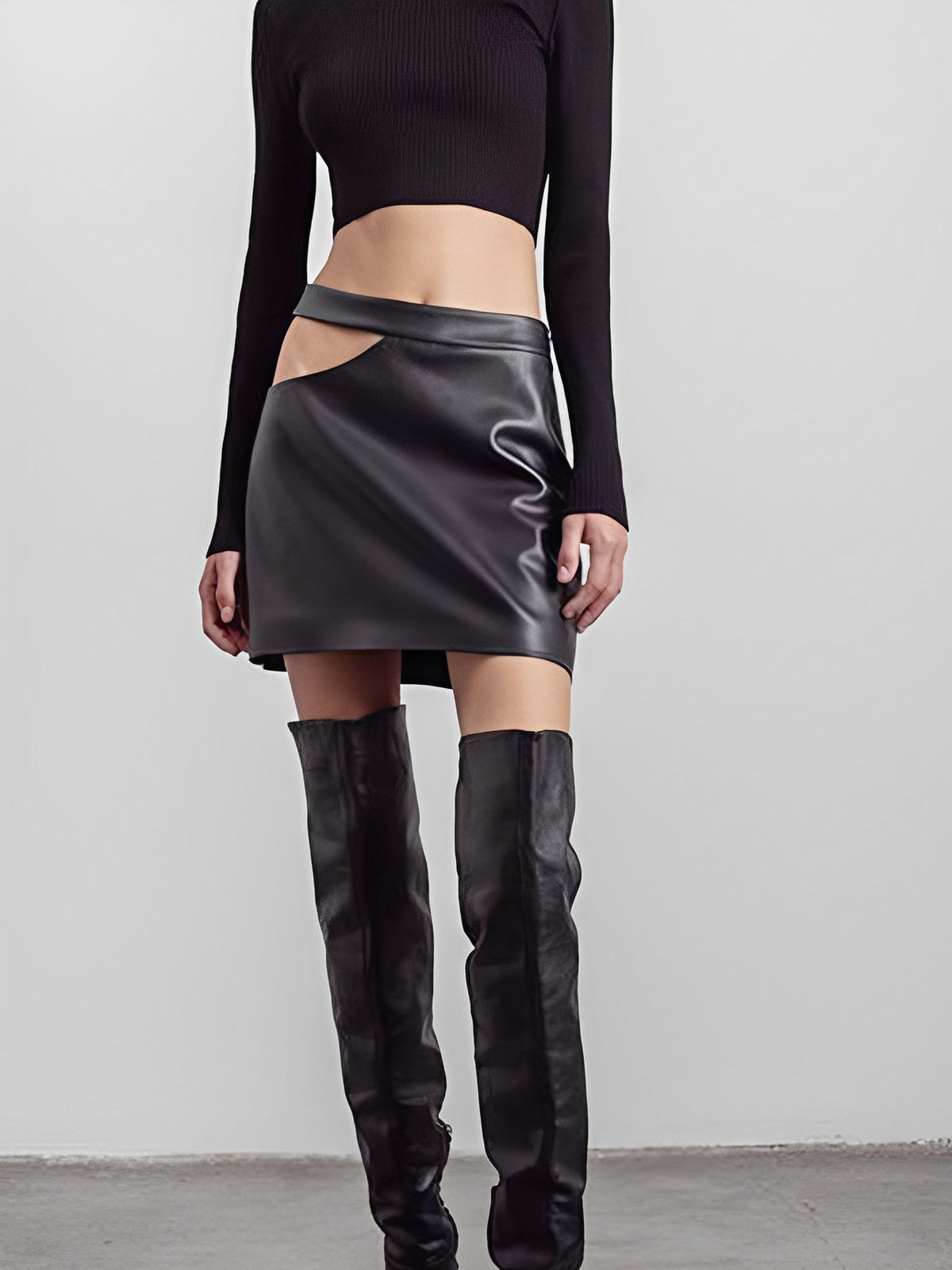 Faux Leather Zip Up Waist Cutout Skirt