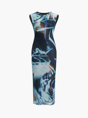 Cyber Waves Mesh Ruched Midi Dress