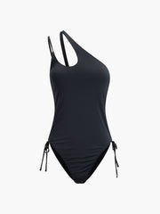 Asymmetrical Strap Drawstring One Piece Swimsuit