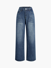 Three Button Baggy Wide Leg Boyfriend Jeans